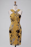 Floral Ginger Yellow Sheath Criss Cross Neck Midi Cocktail Dress with Slit