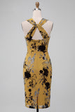 Floral Ginger Yellow Sheath Criss Cross Neck Midi Cocktail Dress with Slit