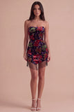 Black Floral Bodycon Strapless Short Cocktail Dress with Fringes