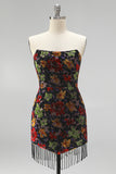 Black Floral Bodycon Strapless Short Cocktail Dress with Fringes