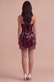Black Floral Bodycon Strapless Short Cocktail Dress with Fringes