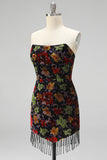 Black Floral Bodycon Strapless Short Cocktail Dress with Fringes