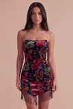 Black Floral Bodycon Strapless Short Cocktail Dress with Fringes