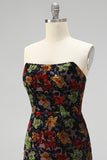 Black Floral Bodycon Strapless Short Cocktail Dress with Fringes