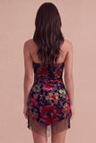 Black Floral Bodycon Strapless Short Cocktail Dress with Fringes
