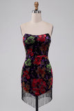 Black Floral Bodycon Strapless Short Cocktail Dress with Fringes