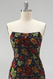 Black Floral Bodycon Strapless Short Cocktail Dress with Fringes