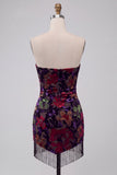 Black Floral Bodycon Strapless Short Cocktail Dress with Fringes