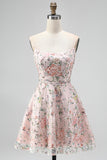 Sparkly Sequins Blush A-Line Strapless Floral Short Cocktail Dress