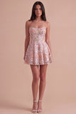 Sparkly Sequins Blush A-Line Strapless Floral Short Cocktail Dress