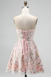 Sparkly Sequins Blush A-Line Strapless Floral Short Cocktail Dress