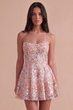 Sparkly Sequins Blush A-Line Strapless Floral Short Cocktail Dress