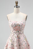 Sparkly Sequins Blush A-Line Strapless Floral Short Cocktail Dress
