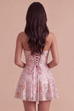 Sparkly Sequins Blush A-Line Strapless Floral Short Cocktail Dress