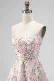 Sparkly Sequins Blush A-Line Strapless Floral Short Cocktail Dress