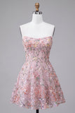 Sparkly Sequins Blush A-Line Strapless Floral Short Cocktail Dress