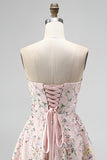 Sparkly Sequins Blush A-Line Strapless Floral Short Cocktail Dress