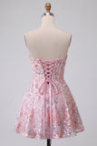 Sparkly Sequins Blush A-Line Strapless Floral Short Cocktail Dress