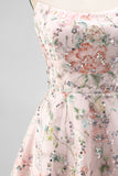 Sparkly Sequins Blush A-Line Strapless Floral Short Cocktail Dress