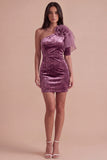 Vintage Mauve Velvet Bodycon One Shoulder Short Cocktail Dress with 3D Flower