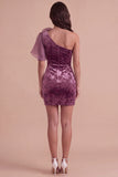 Vintage Mauve Velvet Bodycon One Shoulder Short Cocktail Dress with 3D Flower