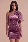 Vintage Mauve Velvet Bodycon One Shoulder Short Cocktail Dress with 3D Flower