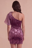Vintage Mauve Velvet Bodycon One Shoulder Short Cocktail Dress with 3D Flower