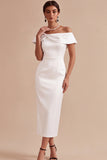 White Corset Sheath Off the Shoulder Midi Engagement Party Dress with Pearls