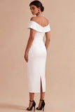 White Corset Sheath Off the Shoulder Midi Engagement Party Dress with Pearls