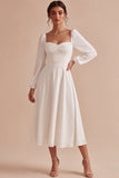 White A-Line Ruched Square Neck Midi Engagement Party Dress with Sleeves