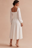 White A-Line Ruched Square Neck Midi Engagement Party Dress with Sleeves