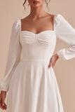 White A-Line Ruched Square Neck Midi Engagement Party Dress with Sleeves