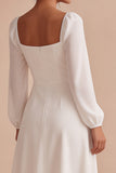 White A-Line Ruched Square Neck Midi Engagement Party Dress with Sleeves