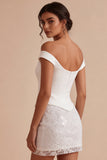 Sparkly White Lace Sequins Corset Off the Shoulder Short Hen Do Dress