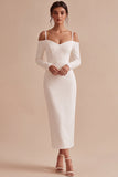 White Sheath Cold Shoulder Long Engagement Party Dress with Sleeves
