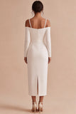 White Sheath Cold Shoulder Long Engagement Party Dress with Sleeves