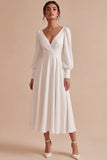 White A Line Ruched V-Neck Midi Engagement Party Dress with Sleeves