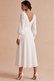 White A Line Ruched V-Neck Midi Engagement Party Dress with Sleeves