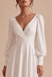 White A Line Ruched V-Neck Midi Engagement Party Dress with Sleeves