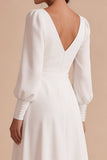 White A Line Ruched V-Neck Midi Engagement Party Dress with Sleeves
