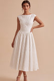 White Floral A-Line Boat Neck Cap sleeves Long Engagement Party Dress
