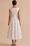 White Floral A-Line Boat Neck Cap sleeves Long Engagement Party Dress