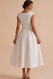 White Floral A-Line Boat Neck Cap sleeves Long Engagement Party Dress