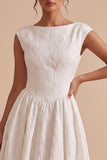 White Floral A-Line Boat Neck Cap sleeves Long Engagement Party Dress