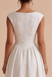 White Floral A-Line Boat Neck Cap sleeves Long Engagement Party Dress