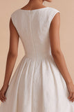 White Floral A-Line Boat Neck Cap sleeves Long Engagement Party Dress