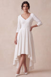 White A-Line V-Neck 3/4 Sleeves High-Low Engagement Party Dress
