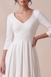 White A-Line V-Neck 3/4 Sleeves High-Low Engagement Party Dress