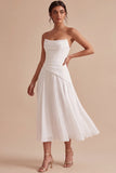 Corset White A-Line Chiffon Strapless Ruched Midi Engagement Party Dress