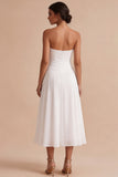 Corset White A-Line Chiffon Strapless Ruched Midi Engagement Party Dress